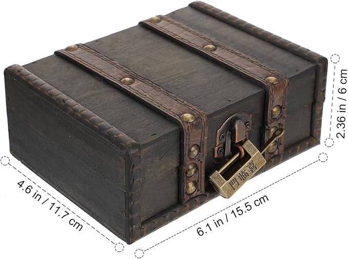 Veemoon Vintage Small Wooden Lock Box Antique Storage Case Retro Jewelry Chest Craft Collection Organizer Pirate Treasure Chest for Jewelry Cosmetics Photography Props