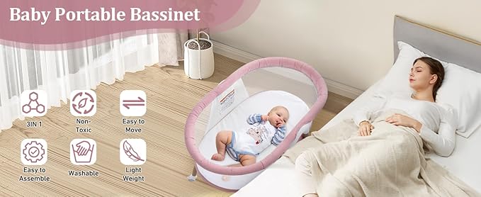 Baby bassinets,3 in1 Baby Crib, Sturdy, Portable & Easy to Assemble,Mosquito net and Portable Bag Included. (Pink)