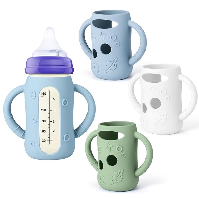 Mity rain 3 Pack Silicone Sleeves for Lansinoh Glass Bottles 5 OZ - Anti Breakage Baby Bottle Holder, Compatible with Lansinoh Glass Bottles for Babies with Handle