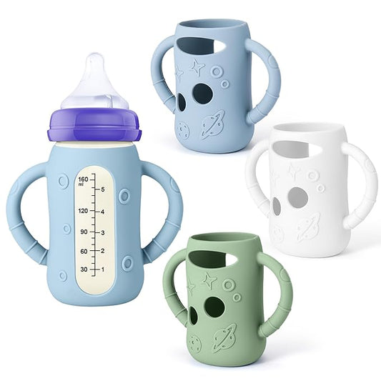 Mity rain 3 Pack Silicone Sleeves for Lansinoh Glass Bottles 5 OZ - Anti Breakage Baby Bottle Holder, Compatible with Lansinoh Glass Bottles for Babies with Handle