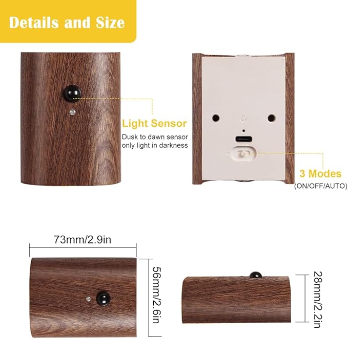 LANDGOO Smart Night Light Step Lights 2 Pack - Rechargeable Motion Sensor Stair Lights, 2700K Warm White LED, Walnut Wood for Hallway & Bedroom Safety