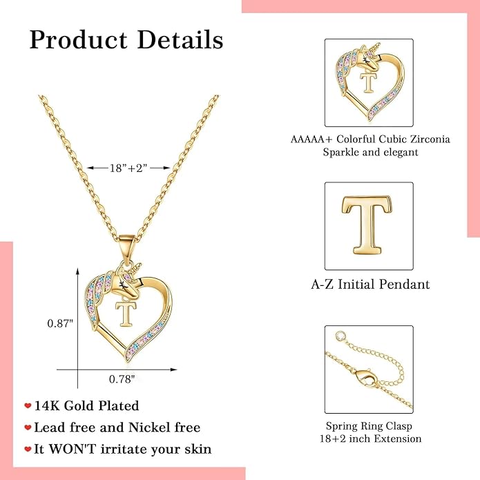 Hidepoo Unicorn Necklace Gifts for Girls - 14K-Gold-Plated Colorful CZ Heart Necklace Girls Jewelry Initial Unicorn Necklaces for Girl Birthday Gifts