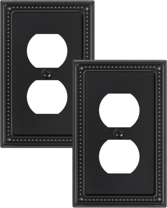 2-Pack Duplex Outlet Cover, Black Metal Wall Plates for Electrical Outlets, 1 Gang Receptacle Light Switch Cover, Pearls Beaded Decorative Switch Plates and Outlet Covers