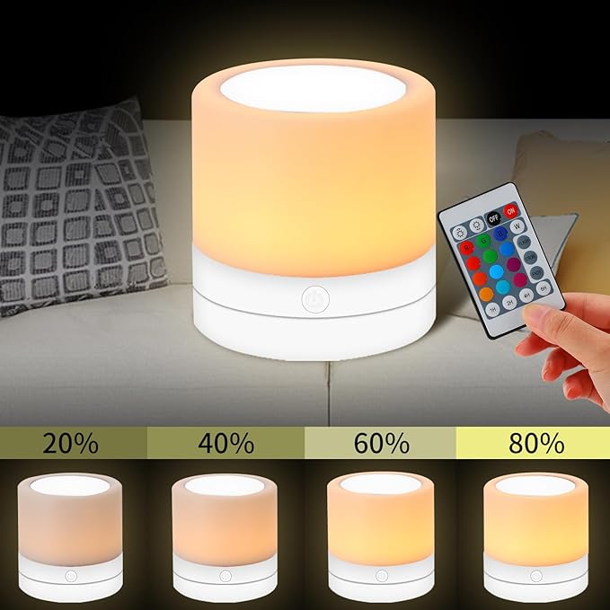 Nursery Night Light for Kids, USB Rechargeable Small Desk Lamp,13 RGB Colors & 4 Brightness & 1 Remote, Touch Bedside Cordless Table Lamp, Portable Night Lamp for Bedroom Living Room Home (White)