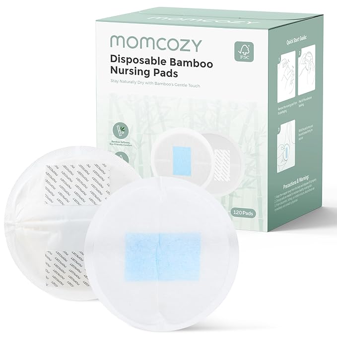Momcozy Bamboo Disposable Nursing Pads, Advanced Blue Core for Ultra-Absorbent, Leakproof & 3D Design, Biodegradable for Sensitive Skin, Individually Wrapped, 120 Count