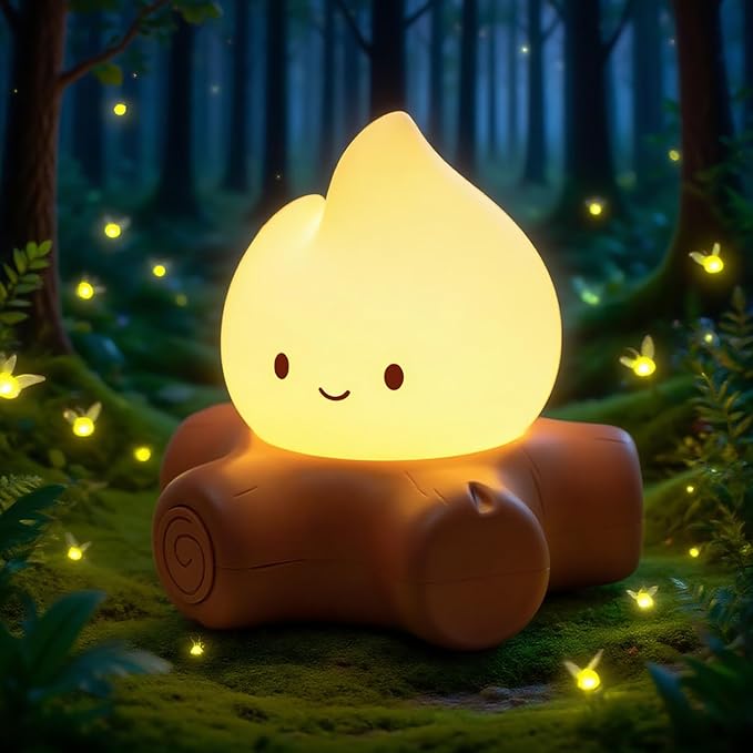 Chibi Campfire Night Light, Silicone, LED Light up Flame Lights, Dimmable, Rechargeable Bedside Nightlight, Baby Nursery Dorm Kawaii Lamp Décor