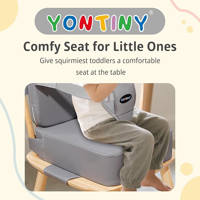 Toddler Booster Seat for Kitchen Chair, 2-in-1 Dining Table Booster Seat with Backrest & Adjustable Straps – Easy-Clean, PU Portable Toddler Eating Travel Increasing Cushion-Light Grey