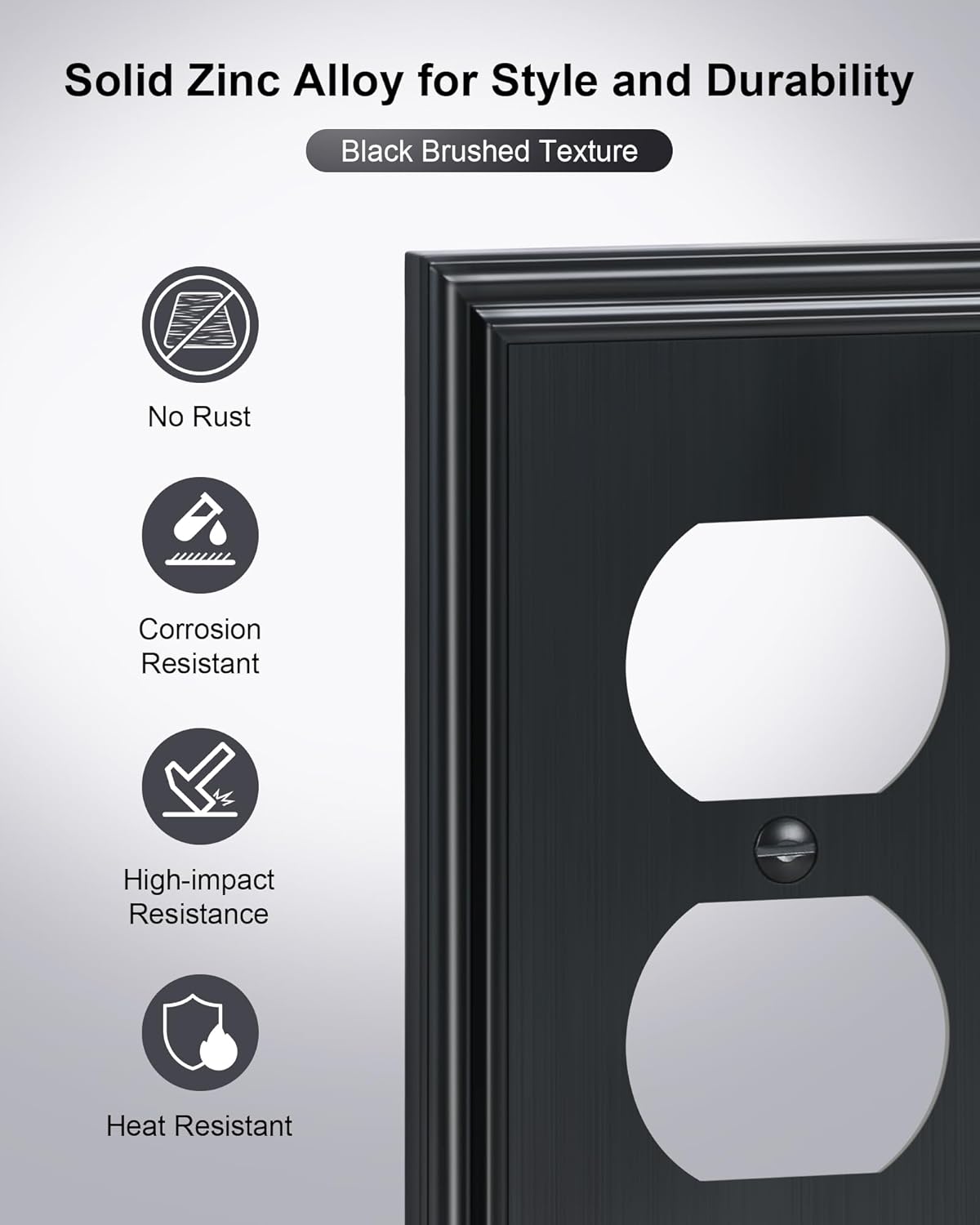 6-Pack Single Duplex Outlet Cover Plate, Decorative Black Switch Plates and Outlet Covers, Metal Wall Plates for Electrical Outlets, 1 Gang Receptacle Cover, Corrosion Resistant