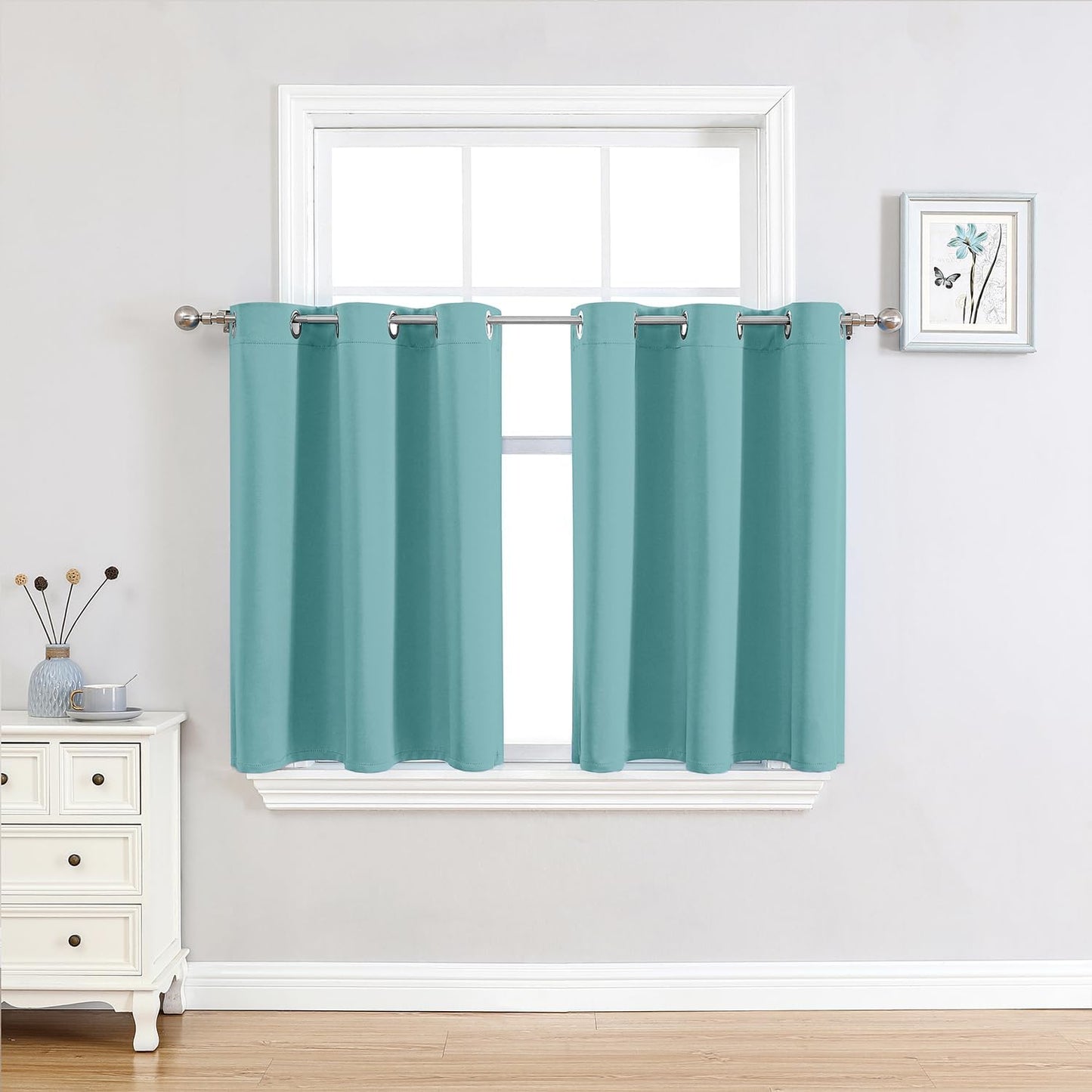 ChrisDowa Small Window Curtains 36 inches Long for Bedroom - Grommet Short Thermal Insulated Room Darkening Curtains for Kitchen (2 Panels, Aqua, 34 x 36 Inch)