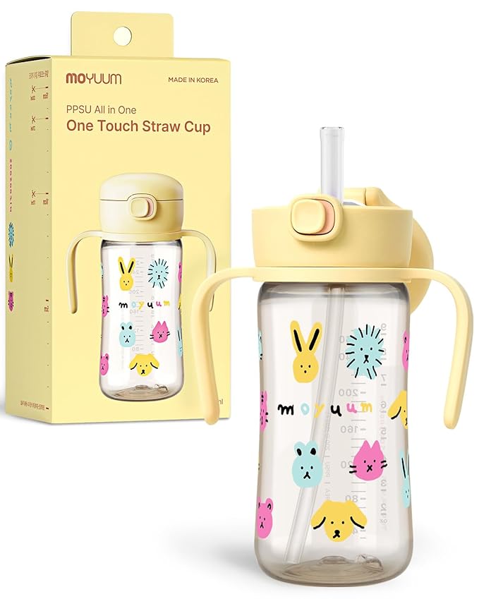 MOYUUM Leak Proof Sippy Cup with Handle | Made in Korea, 100% BPA Free PPSU, Magic No Spill Straw Cup with Attached Flip Top Lid, Easy to Hold for Babies and Toddlers, 9oz Yellow