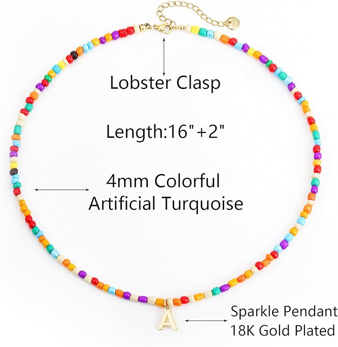 Colorful Initial Necklaces for Girls Kids Women, Cute Beaded Initial Necklace Teen Girl Gifts Trendy Stuff, Bohemian Letter Necklace Birthday Gifts for Women Girls Jewelry