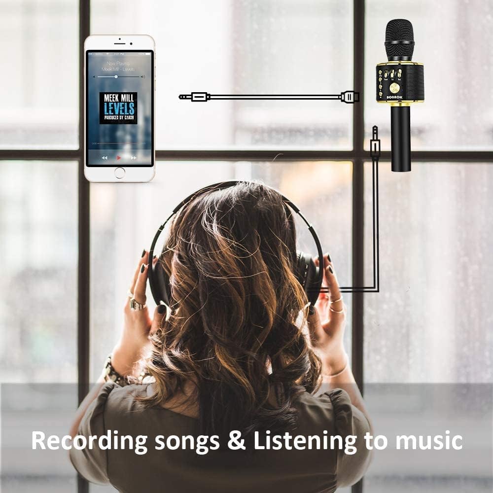 BONAOK Wireless Bluetooth Karaoke Microphone, 3-in-1 Portable Handheld Mic Speaker Machine for All Smartphones, Gifts to Girls Boys Kids Adults All Age Q37(Black Gold)