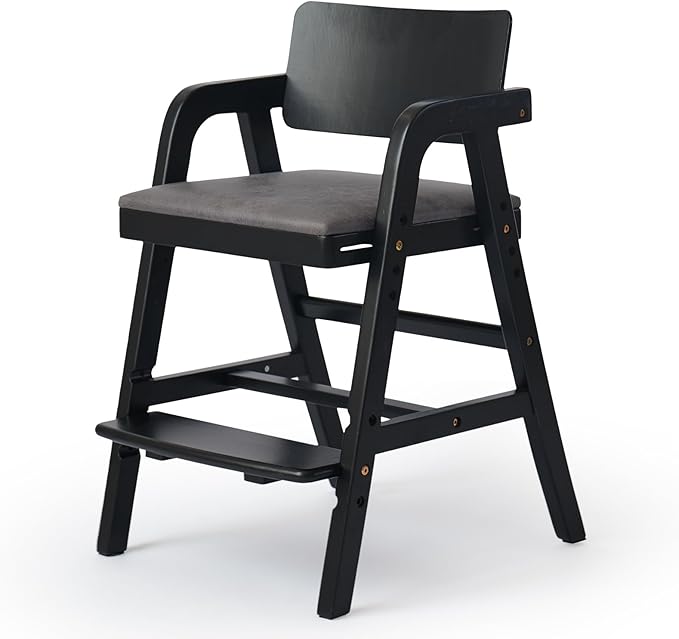 Solid Wood High Chair for Toddlers, Baby Highchair, Adjustable HighChair for Babies/Toddlers with Removable Cushion, Children Kids DiningChair, Teens Study Chair with Steps (Black)