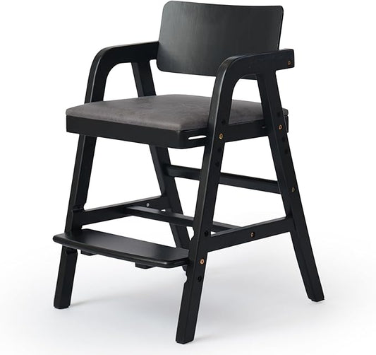 Solid Wood High Chair for Toddlers, Baby Highchair, Adjustable HighChair for Babies/Toddlers with Removable Cushion, Children Kids DiningChair, Teens Study Chair with Steps (Black)