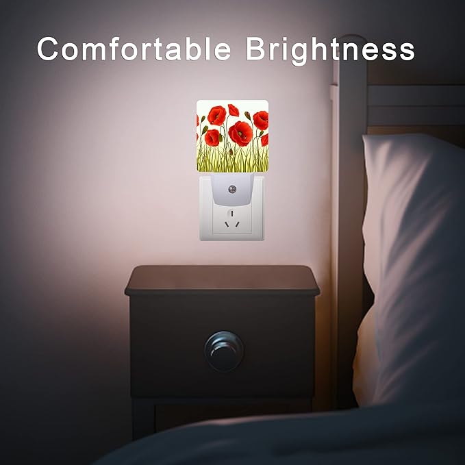 Red Flowers Night Light,Red Poppy Flowers and Ladybugs Plug-in Night Lights with Dusk-to-Dawn Sensor for Stairway/Hallway/Bedroom Sleep Friendly lamp for Women/Girls/Boys Gift,0.5W