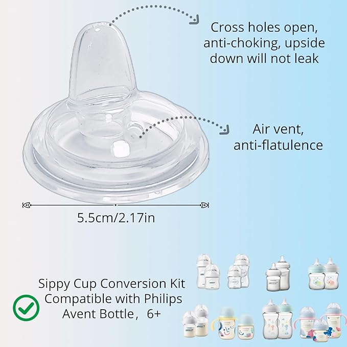 6Pack Sippy Spout Nipples Compatible with Philips Avent Natural Bottles, Trainer Sippy Cup 100% Food Grade Silicone Soft Nipple, Easy to Clean, Easy Transition from Bottle to Cup