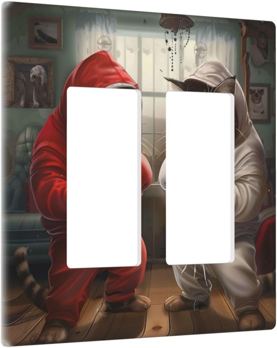 Decorative Outlet Covers Funny Red Boxing Cats White Tomcat 2 Gang Wall Plate Double Rocker Two Switch Wall Cover Plate Light Switch Cover Plate Faceplate for Bedroom Home Decor