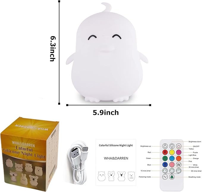 WHA&DARREN Penguin Night Light for Kids, Portable, Rechargeable Silicone Baby Night Light, Girls and Boys Animal Lamp, Kawaii Lamp