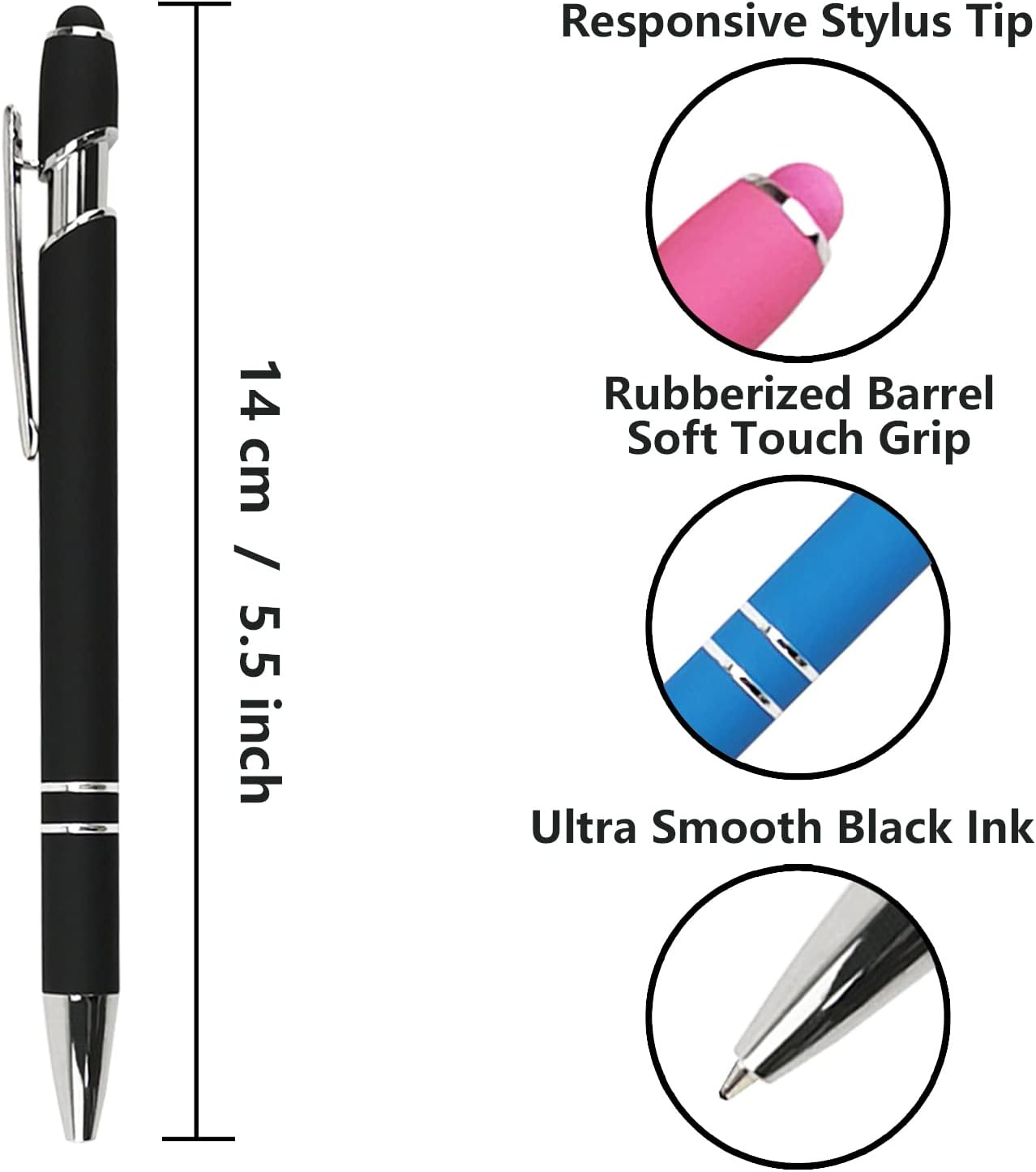 Ballpoint Pen with Stylus Tip, Soft Touch Click Metal Pen, 1.0mm Medium Point, Black Ink, 12 Count(Black)