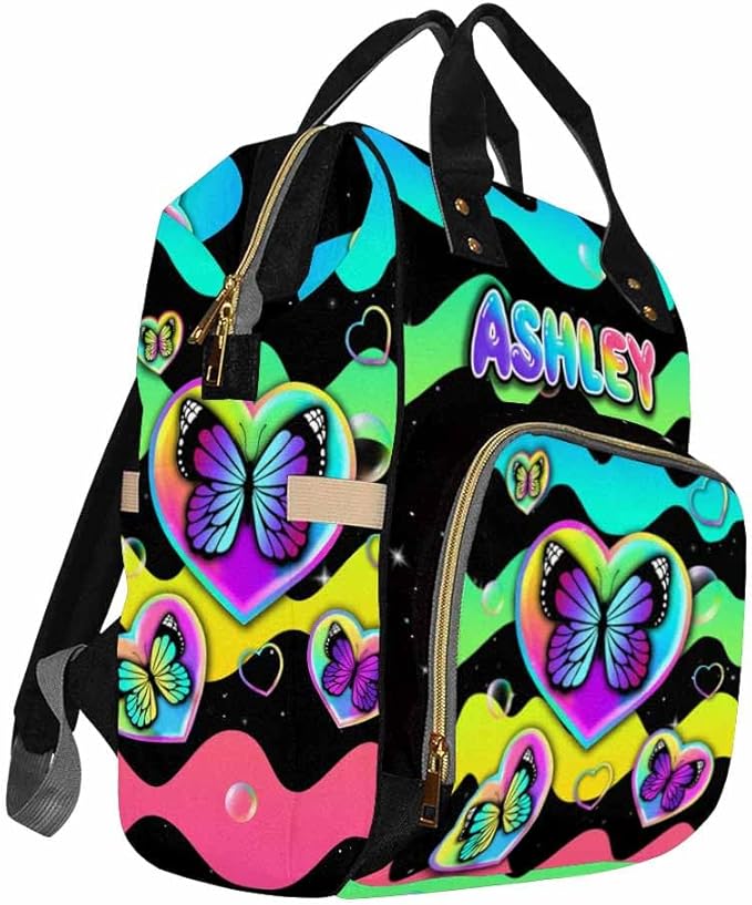 D-Story Custom Diaper Bag Baby Backpack Expandable For Mom Baby Mommy Daypack Expandable For Mothers Day Gift For Mothers Day Gift Custom Newborn Bags, Rainbow Butterflies