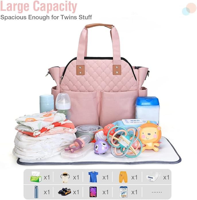 Lekebaby Diaper Bag Tote, Large Diaper Bags Waterproof,Large Mommy Bag Tote Bag Handbag Pink Travel, Black and Beige