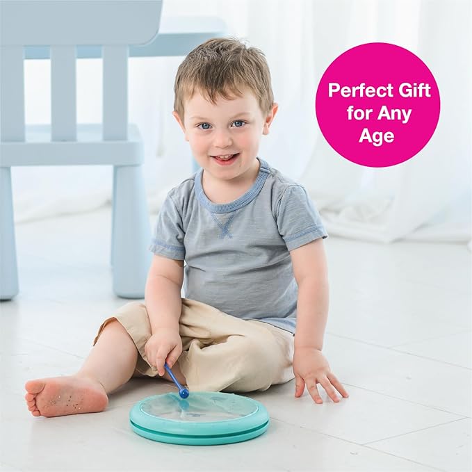 Edushape Classic Flat Drum for Baby with Easy-Grip Mallet - Set of 1 Blue Color Baby Drum Toy for Toddlers, 2-Year Old and Up - Small Drums Musical Toy for Babies, Fun Tummy Time, Sensory Development