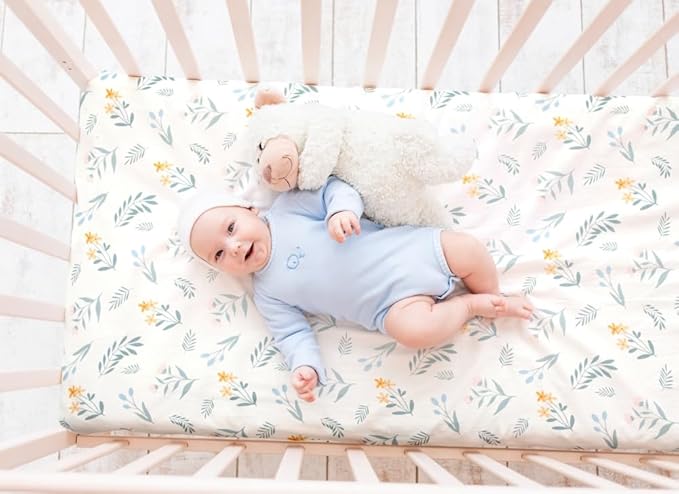 Nursery Sheets - 4 Pack Sage Green Fitted Breathable Unisex Baby Sheets with Leaf and Flower Design for Mini Crib