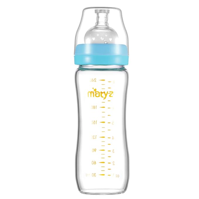 Matyz 8 Ounce Glass Baby Feeding Bottle with Nipple, Light and Slim, Easy to Hold, Food Grade Borosilicate Glass, Wide Neck Breastmilk Feeding Bottle, Easy to Clean, No BPA (Blue Lids)