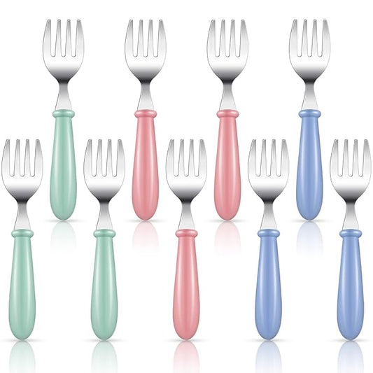 Chumia 9 Pieces Stainless Steel Toddler Forks, Kids Safe Utensils Set Baby Kids Self Feeding Training Cutlery with Round Handle, Stainless Steel Metal Flatware for Children Boys Girls, Dishwasher Safe