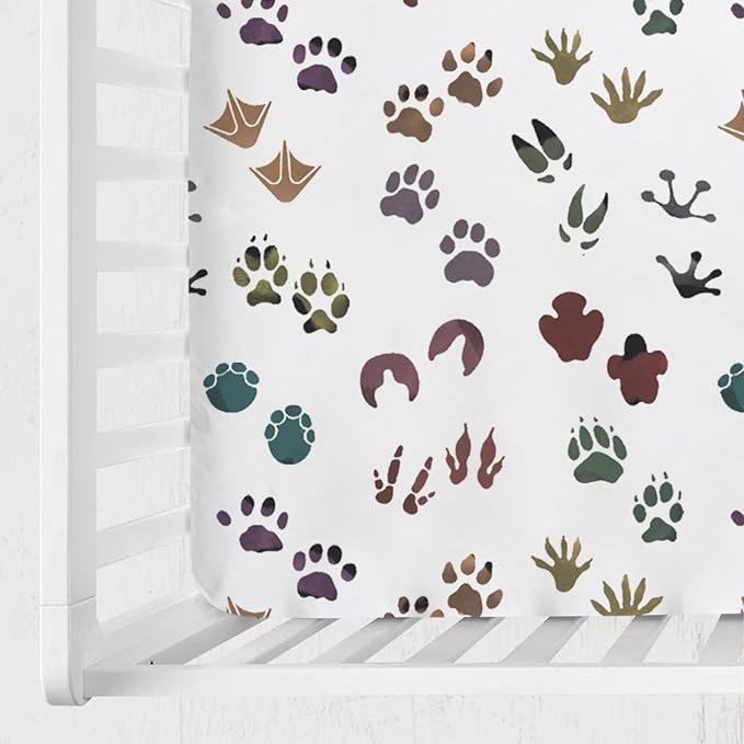 Cute Animals Tracks Baby Crib Sheets 52''x28'' Animals Footprint Snug Fitted Crib Mattress Cover for Boy Girl Wild Animals Soft Baby Bed Sheets for Standard Crib and Toddler Mattresses