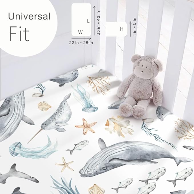 GRSSDER Stretchy Super Soft Jersey Knit Fitted Pack n Play Sheets Set 2 Pack,Portable/Mini Crib Sheets Snug and Safe,Beautiful Marine Organism for Boys and Girls