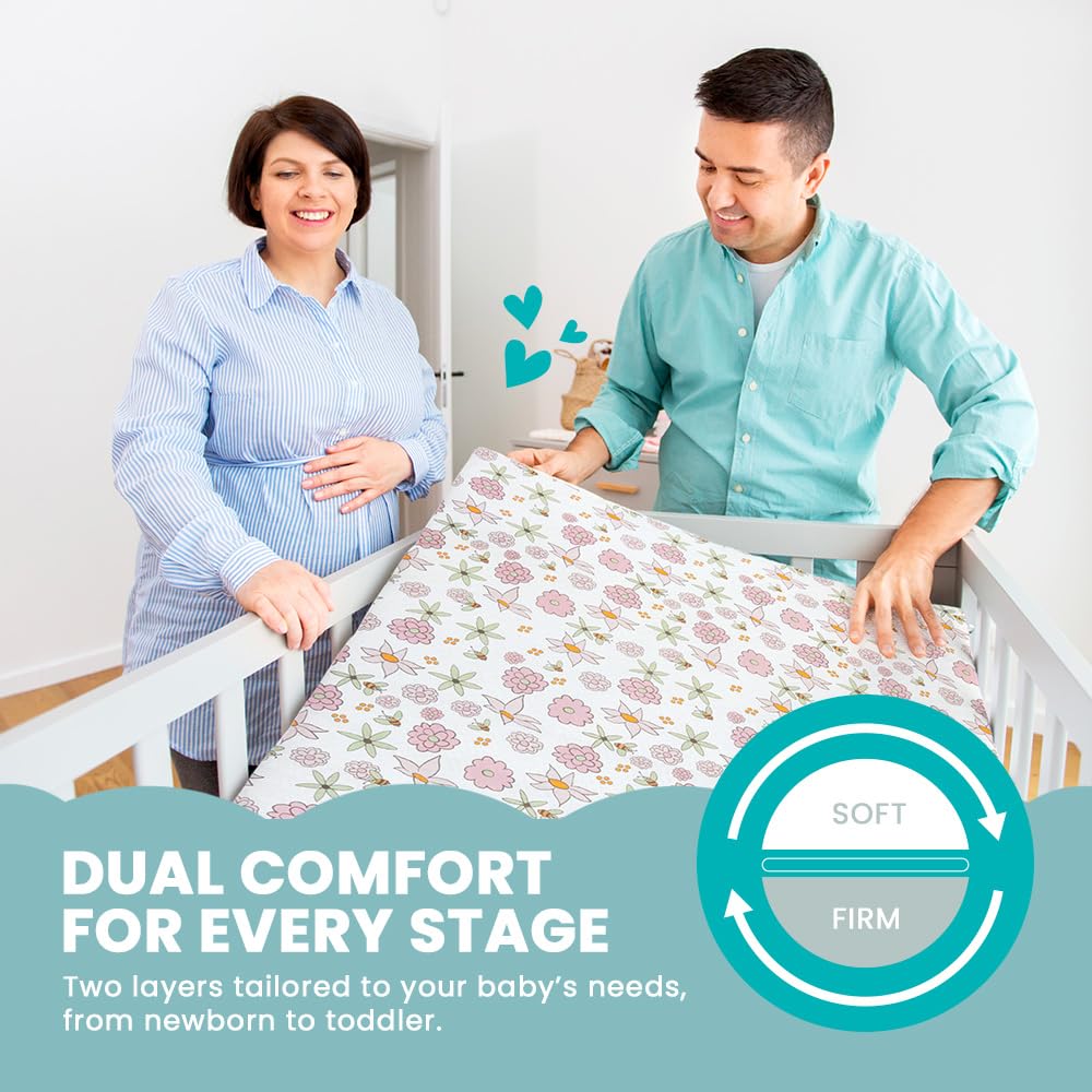 Breathable Crib Mattress, Washable High Rebound Foam for Baby Cribs, Fits Standard Toddler Beds, Mini Size (38" L x 24" W x 1" H), Flower Design