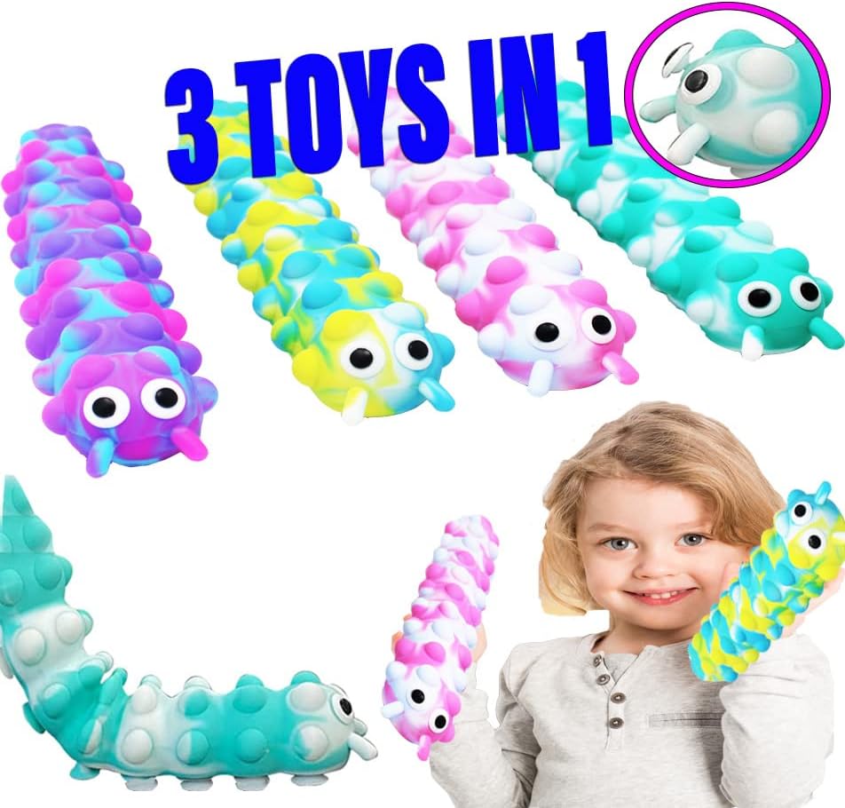 Squidopop Pop It Baby Toddler Suction Bath Toys Child Fidget Sensory Toy Caterpillar Animal Fidgets (4 Pack, Pop It Squidopop)