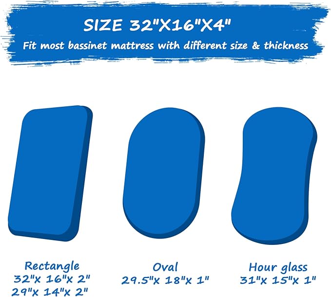 Bassinet Sheet 2 Pack Cotton Fitted Sheets Set for Oval Rectangle Hourglass Bassinet Mattress and Moses Baskets, Super Soft and Breathable Cover for Baby Girl Boy 32''x16''x4'', White