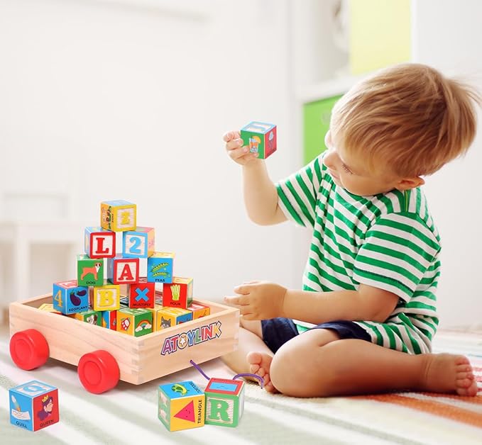 Atoylink ABC Wooden Building Blocks for Toddlers 1-3, 30 Pcs Alphabet & Number Stacking Toys with Storage Pull Toy Car Learning & Education Montessori Toys for 1 2 3 Year Old Baby Boy Girl Gifts