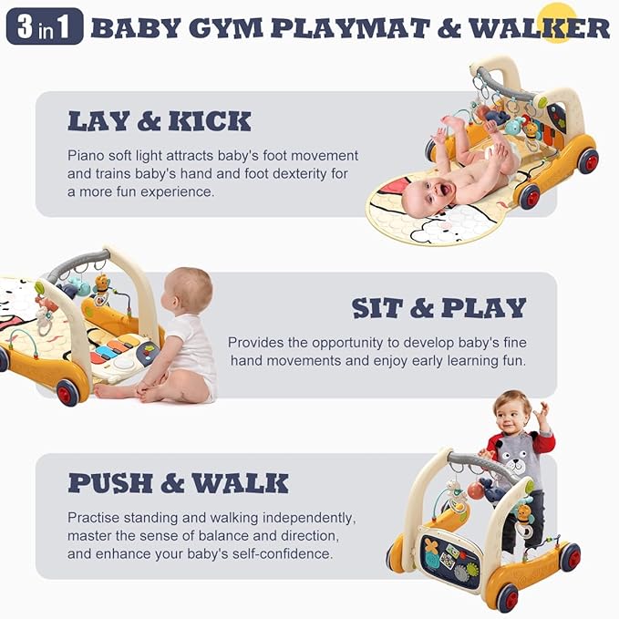 3-in-1 Baby Gym Play Mat with Kick Piano – Musical Activity Center for Infants & Toddlers, Tummy Time Playmat with Lights for Newborns (0-12 Months)