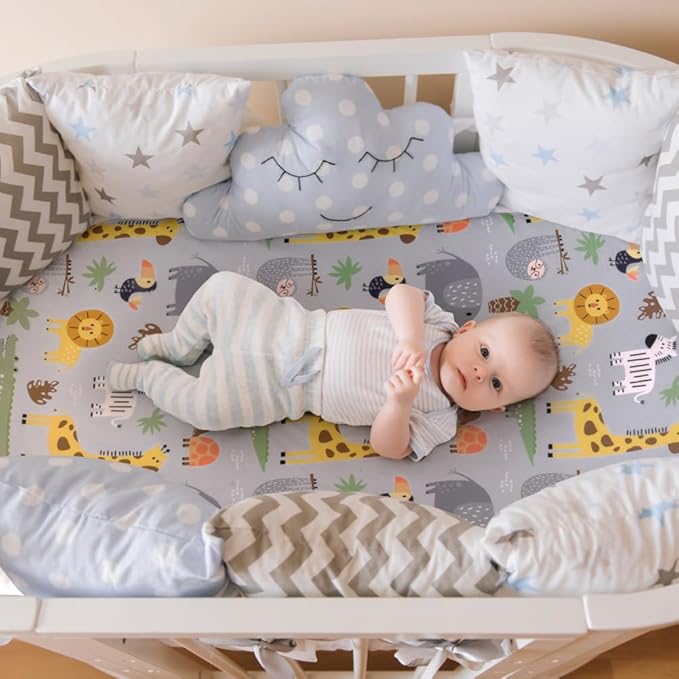 4 Pack Safari Jungle Animals Neutral Unisex Fitted Nursery Baby Sheets Set Toddler Mattress Sheets for Baby Boys or Girls (Bassinet Sheets)