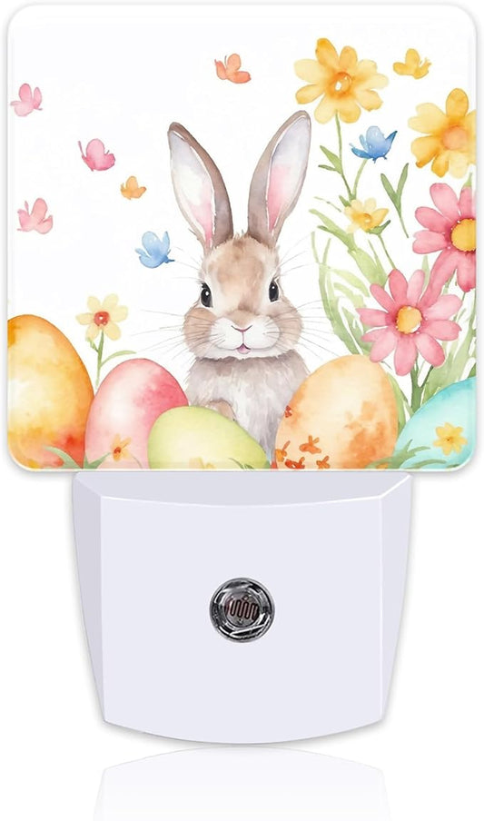 Cute Easter Bunny and Eggs Night Light, Easter Rabbit and Flowers Dusk to Dawn Night Light Plug in, 0.5w Energy Saving Sleep Friendly NightLight for Kids Boys Girls Home Decor