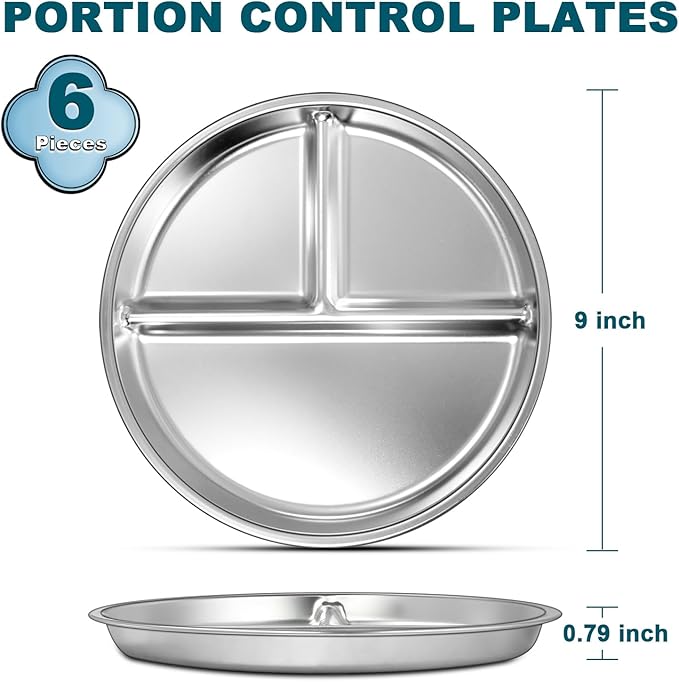 EWFEN Stainless Steel Toddler Plate Set of 6, 9" Portion Control Plates Divided Plate for Adults Kids Balance Lunch, Non Slip | Unbreakable Toddler Baby Feeding Set Dishwasher Safe