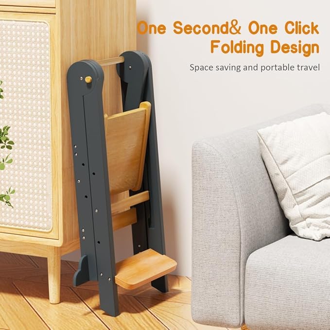 Toddler Tower, Foldable Step Stool for Toddlers, Toddler Kitchen Stool Helper with 3 Adjustable Height Safty Rail and Anti-Tip Structure, Learning Tower for Toddlers Kids Baby