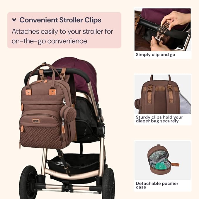 BabbleRoo Diaper Bag Backpack - Baby Essentials Travel Tote - Multi Function Water Resistant Diaper Bag, Travel Essentials Baby Bag with Changing Pad, Stroller Straps & Pacifier Case - Unisex, Brown