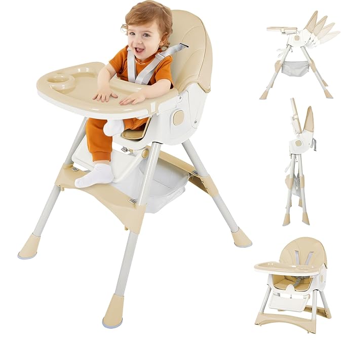 6-in-1 Foldable Baby High Chair for Babies & Toddlers – Adjustable Height & Recline, 5-Point Safety Harness, Removable Tray | Portable Highchair, Space-Saving & Easy Clean | Silla de Comer para Bebé