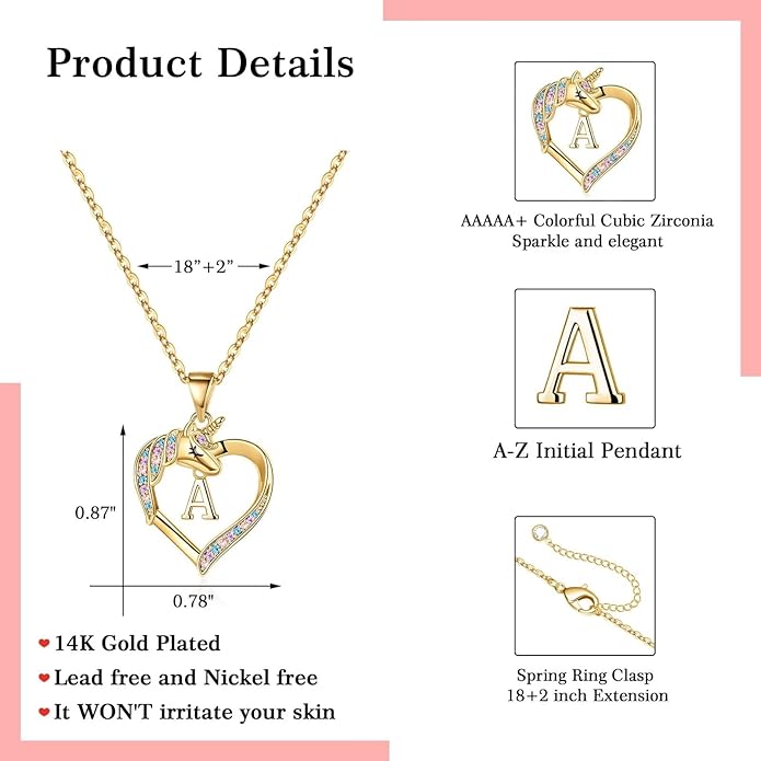 Hidepoo Unicorn Necklace Gifts for Girls - 14K-Gold-Plated Colorful CZ Heart Necklace Girls Jewelry Initial Unicorn Necklaces for Girl Birthday Gifts