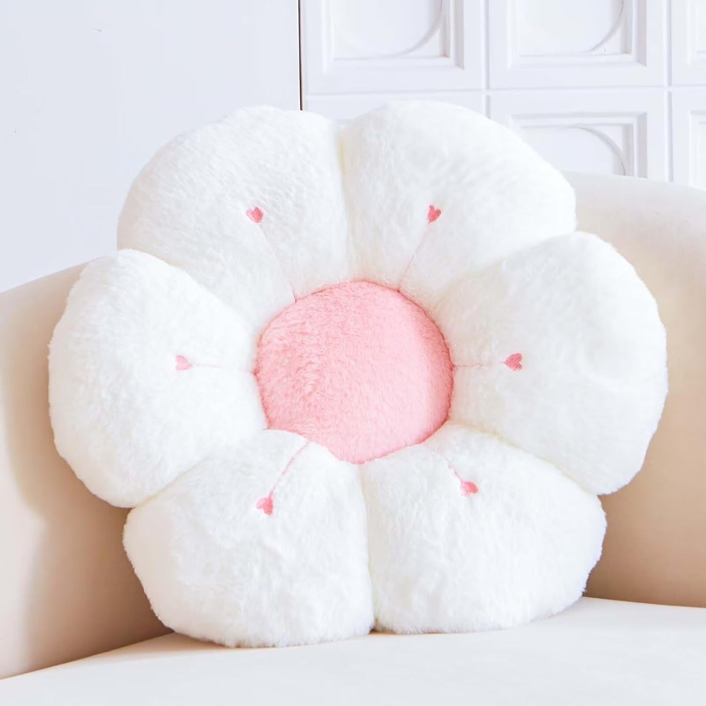 Flower Pillow, Cute Flower Shaped Decorative Pillow, Soft Rabbit Fur Daisy Pillow Home Decor Floor Seating Cushion for Bedroom Living Room (White 14.9 Inch)