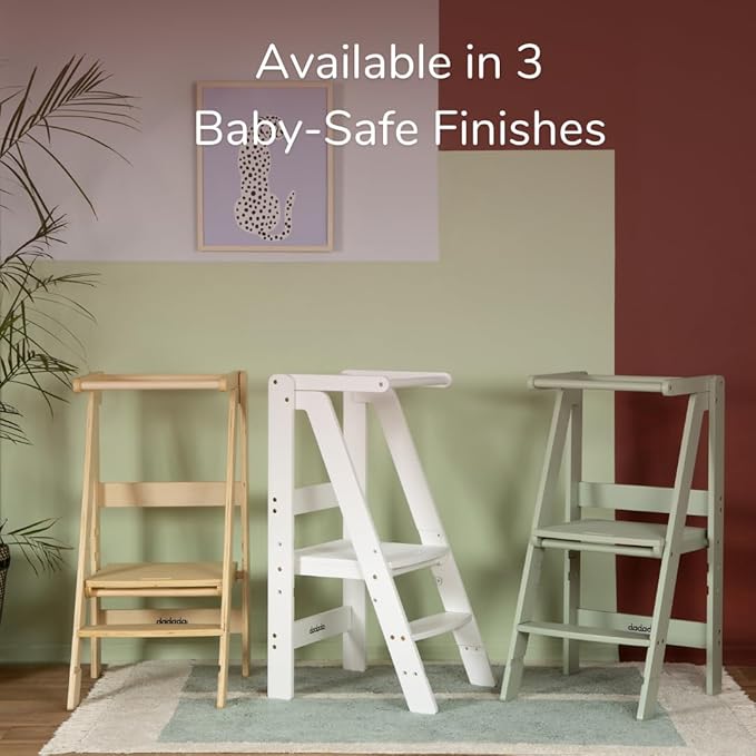 dadada Baby Foldable Montessori Tower - Adjustable Kitchen Step Stool for Kids with Safety Rail, Non-Toxic Finish, Great for Small Space Living (White)