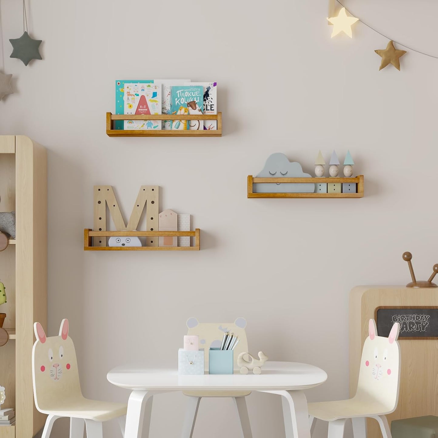 Heimlove Nursery Floating Shelves, Nursery Book Shelves for Wall, 16 inch Wall Bookshelf for Kids Solid Wood Wall Mounted Shelves for Books,Toys and Decor Storage, Set of 2