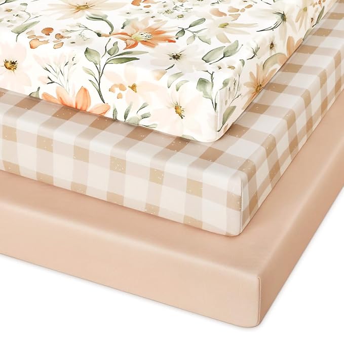 Pack and Play Sheets Fitted 3 Pack, Mini Crib Sheets for Pack N Play Mattress Stretchy Portable Playard Sheets, Soft Breathable Orange Flowers & Plaid