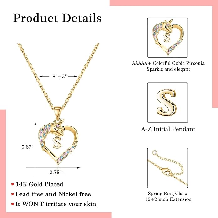 Hidepoo Unicorn Necklace Gifts for Girls - 14K-Gold-Plated Colorful CZ Heart Necklace Girls Jewelry Initial Unicorn Necklaces for Girl Birthday Gifts