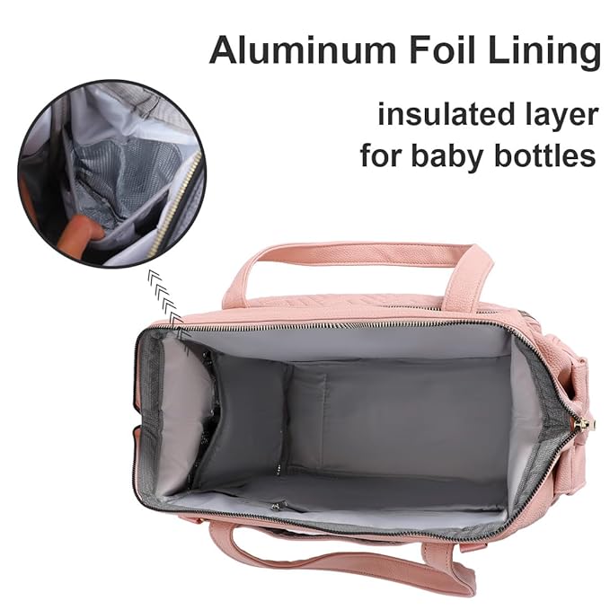 Diaper Bag Tote, with 12 Pocket Mom Bag, 16" Large Leather Baby Bags Convenient to Carry Diapers, Wet Wipes, and Bottles (Pink)