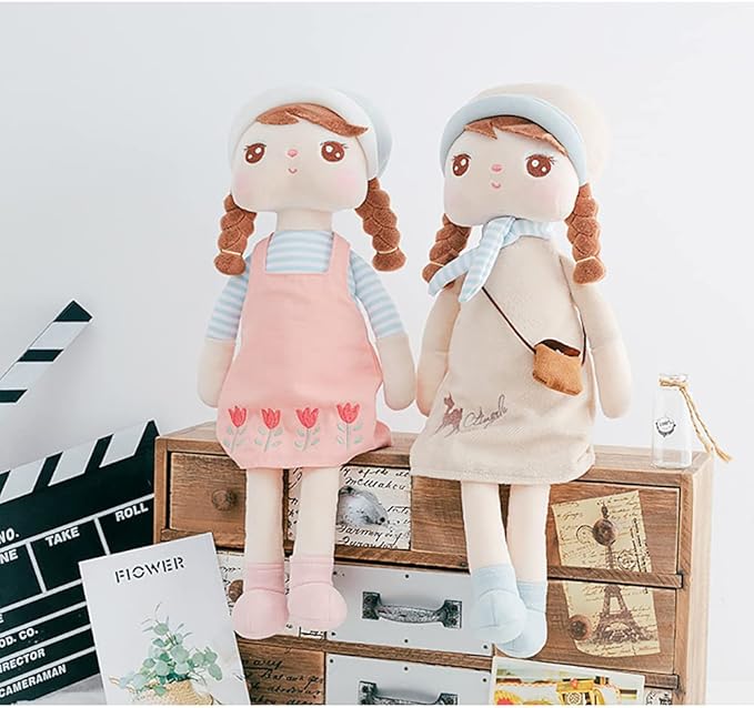 16" Exclusive New MeToo Princess Doll, Cute Pigtail-Girl with a Hat Plush Doll, Soft Dolls Baby Doll Girl Gifts, Non-Toxic Soft Skin-Friendly PP Cotton Plush Stuffed Angela Doll (Khaki)